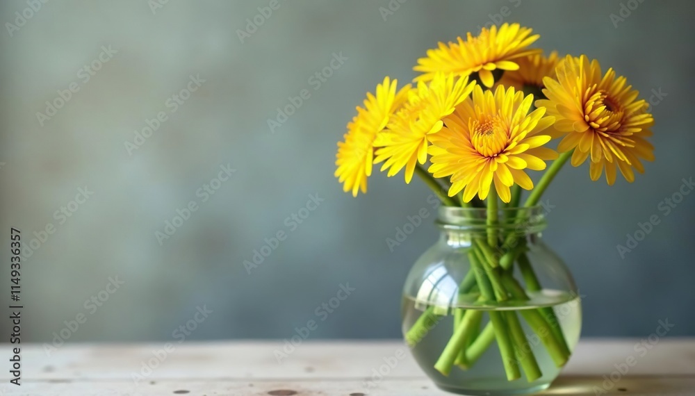 Fototapeta premium Dandelions in a vase with fresh cut stems and bright yellow blooms, dandelion, blossoms