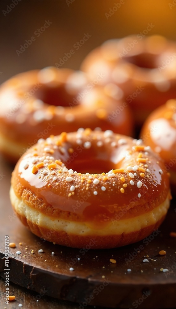 Freshly made donuts in golden light, with shiny glaze and sprinkles, pastry, golden light, sugary coating Freshly made donuts in golden light, with shiny glaze and sprinkles, pastry, golden light, sugary coating