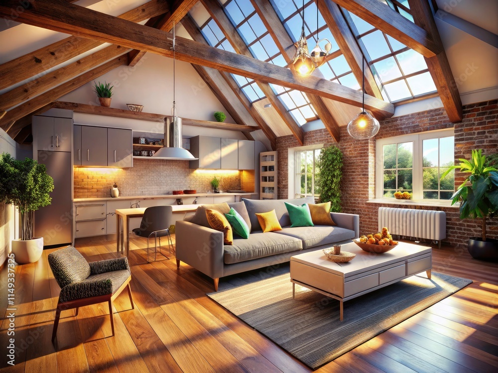 Modern Luxury Attic Loft Apartment Interior Design - 3D Rendering Long Exposure Photography