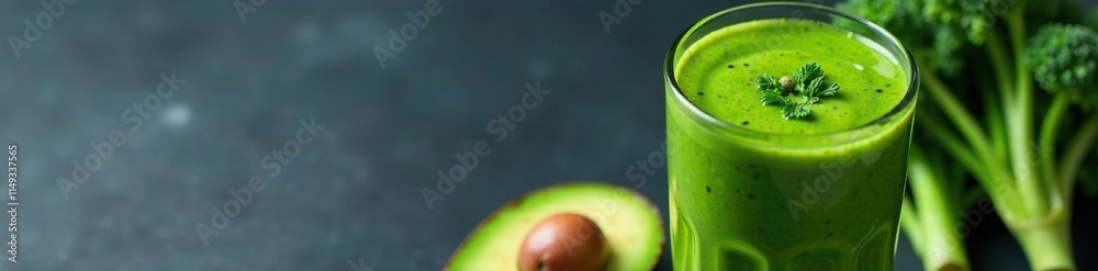 Green smoothie bowl with avocado broccoli in a glass on a dark slate background, wellness, food, avocado Green smoothie bowl with avocado broccoli in a glass on a dark slate background, wellness, food, avocado