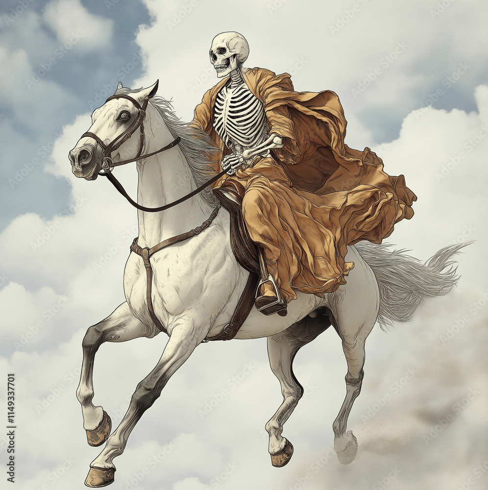 Skeleton rides white horse in sky. Skeletal figure dressed in flowing robe seen astride powerful steed. Horse appears to gallop through sky. Image evokes sense of death, afterlife. Artwork rendered Skeleton rides white horse in sky. Skeletal figure dressed in flowing robe seen astride powerful steed. Horse appears to gallop through sky. Image evokes sense of death, afterlife. Artwork rendered