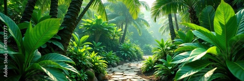 Lush and vibrant greenery in a tropical garden, lush, garden