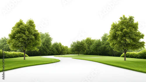 A park with a path that runs between two trees on transparent background