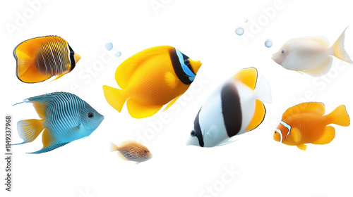 A group of fish swimming in a tank on transparent background