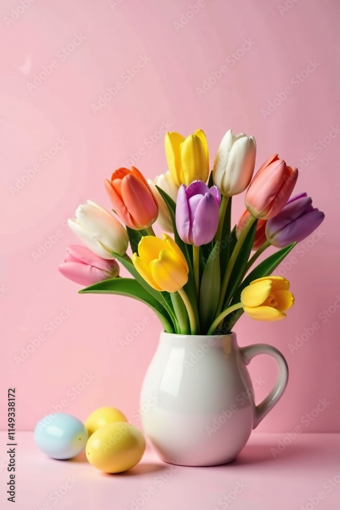 Obraz premium Pastel colored spring flowers in a bouquet with Easter eggs, flower arrangement, tulip