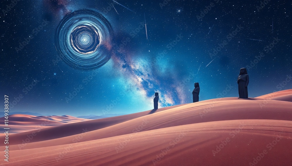 Obraz premium ancient statues in stardust desert under galaxies