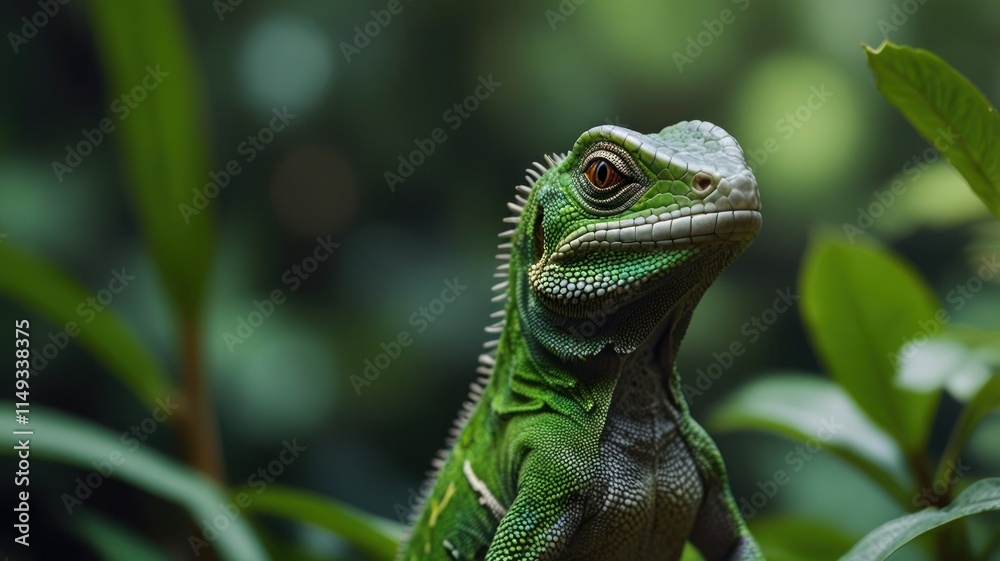 Fototapeta premium Close-up of a vibrant green lizard in lush foliage.