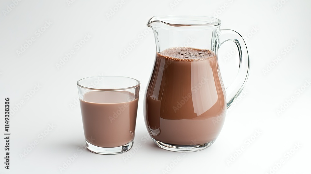 A glass pitcher of chocolate milk with a clear glass cup, both sitting on a clean white background. A glass pitcher of chocolate milk with a clear glass cup, both sitting on a clean white background.