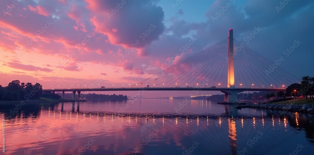 Fototapeta premium silvery reflections on the Sail Bridge at dusk, peaceful, dusk