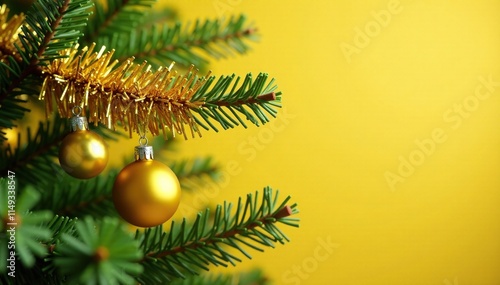 Single branch of evergreen covered in bright yellow tinsel ornaments hanging from small branches, yellow, holiday, Christmas