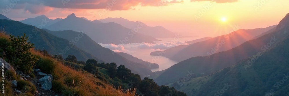 Obraz premium Soft warm light on foggy mountain scenery at morning, glow, mountains