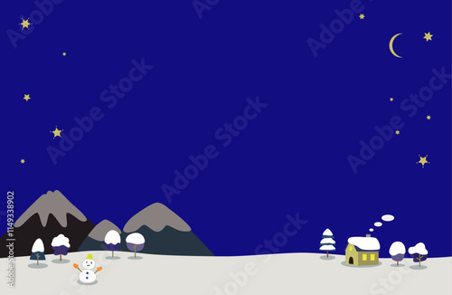 山と小さな家とゆきだるまの冬の夜のイラスト