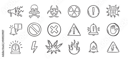 Warning doodle hand drawn icons set. Danger drawing sketch signs 