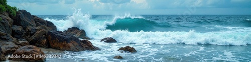 Turbulent ocean with waves crashing against a rocky shoreline, rocky shoreline, natural