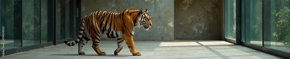 Obraz premium Bengal tiger in a modern enclosure with concrete floor, wildlife photography, striped fur