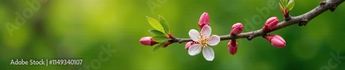 A twig with multiple blossoming almond buds, highlighting their growth stage, greenery, flowering almond tree, botanical garden
