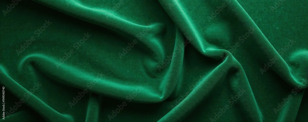 Fototapeta premium Dark green velvet fabric with subtle sheen spread flat on a wooden surface, fabric texture, fabric sample, woven fabric