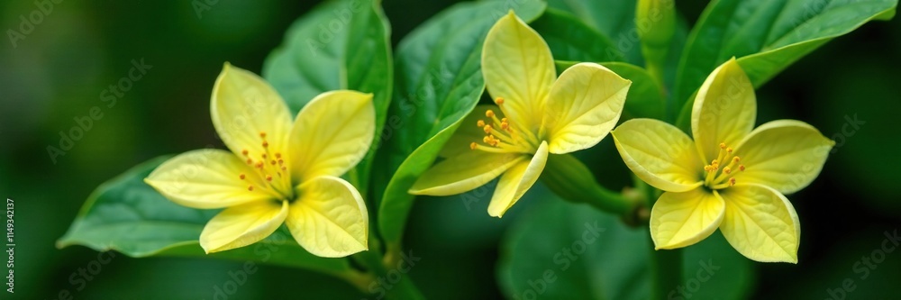 Obraz premium Long yellow stamens contrast with dark green foliage on Philadelphus, scentless mock orange, dark green leaves