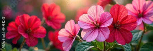 Large showy geranium flowers with prominent petals in shades of pink and red, large, petals, flowers