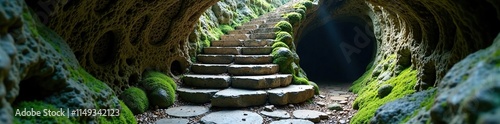 Narrow stone staircase with intricate carvings and moss covered, mysterious, carvings, cave photo