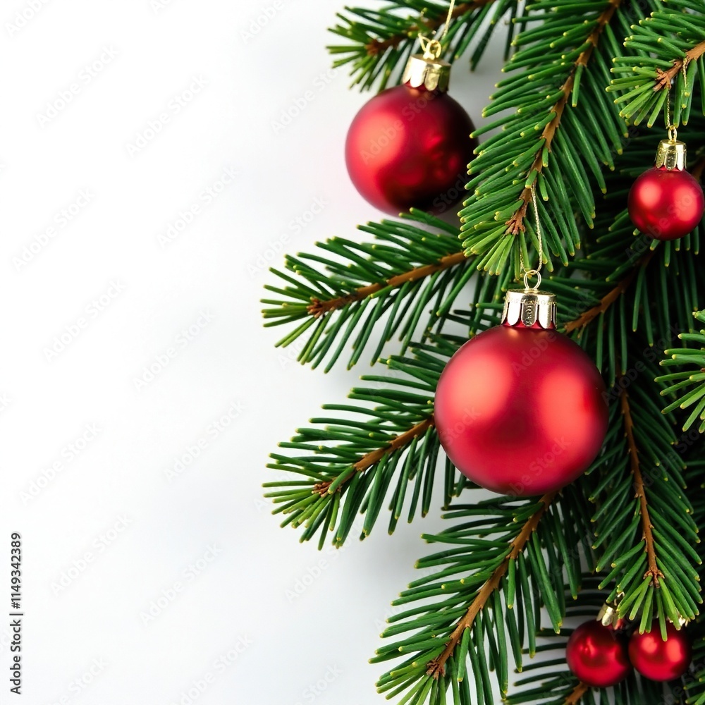 Fototapeta premium Ornamented pine branch with red berries on white background, holiday decor, festive, winter wonderland