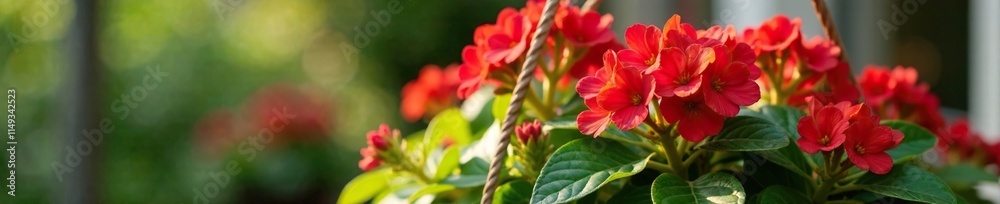 Red Kalanchoe blooms with green foliage in a hanging basket, home decor, bloom Red Kalanchoe blooms with green foliage in a hanging basket, home decor, bloom