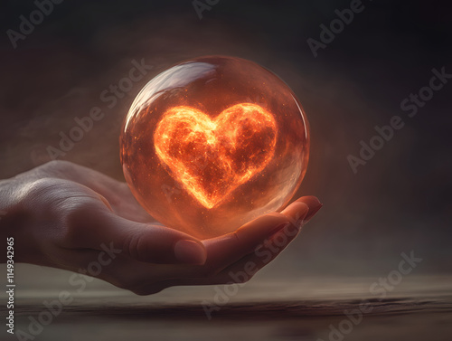 glowing heart shaped crystal ball held in hand, radiating warmth and love photo