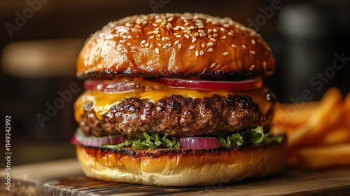 Juicy Cheeseburger: A mouthwatering closeup of a delicious cheeseburger photo