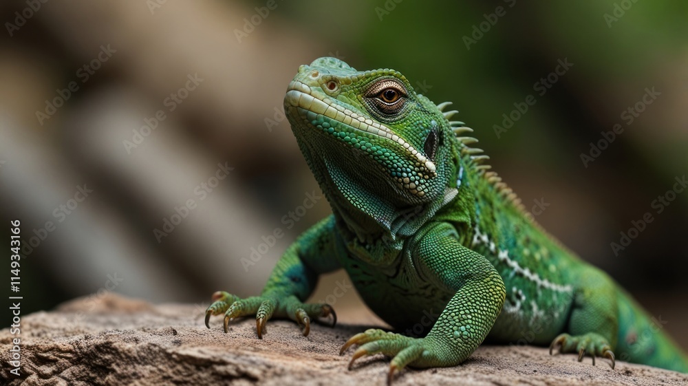 Close-up of a vibrant green lizard perched on a rock, basking in sunlight. Close-up of a vibrant green lizard perched on a rock, basking in sunlight.