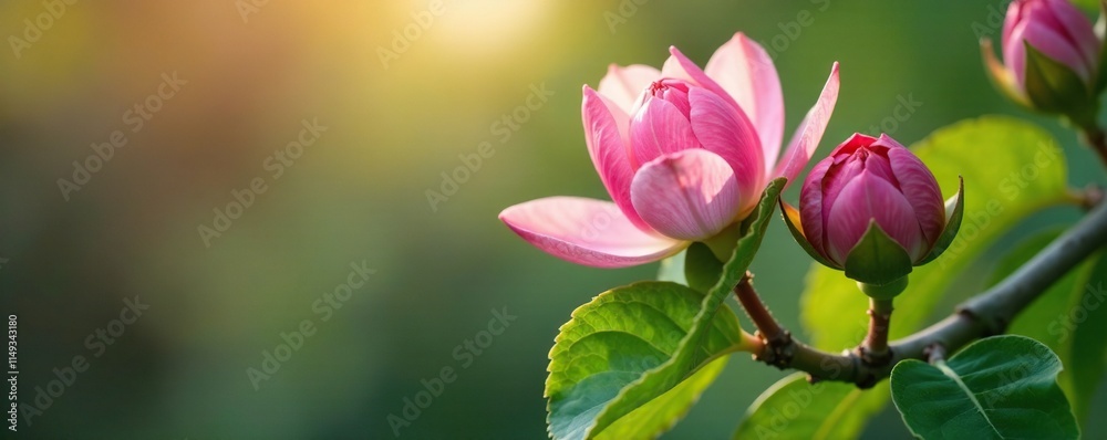 Soft pink petals unfolding on a lush green branch, spring, flower, garden Soft pink petals unfolding on a lush green branch, spring, flower, garden
