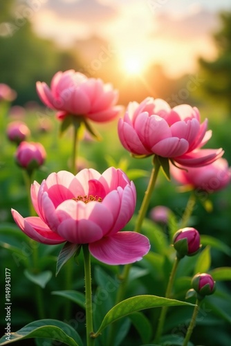 Soft pink peonies unfurl their petals against a backdrop of lush green foliage and a warm late spring afternoon sky, warm, lush, pink