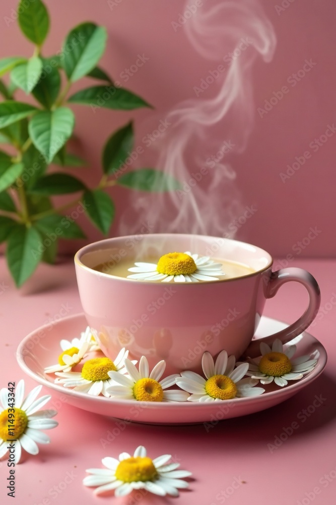 Steaming chamomile flowers on a pink ceramic plate, plate, pink, herbal Steaming chamomile flowers on a pink ceramic plate, plate, pink, herbal