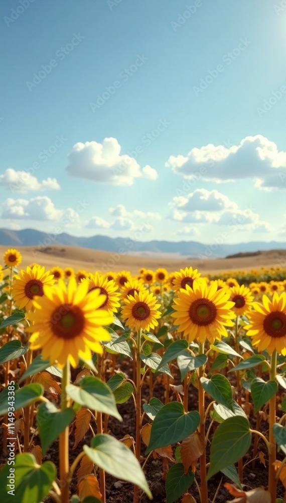 Fototapeta premium Sunflower plants in a dry and barren field after harvest, barren landscape, autumn landscape, dry field