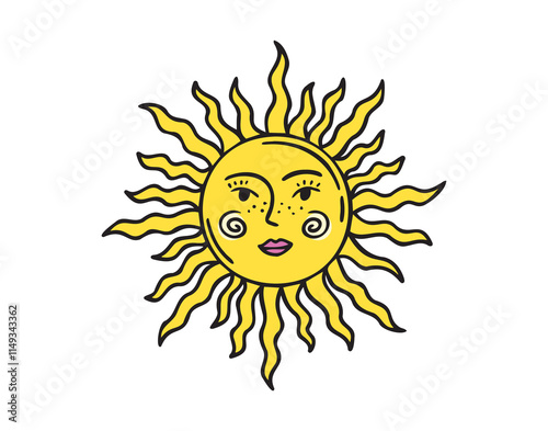 Sun face doodle element. Mystical yellow cartoon whimsical boho style sun, sunshine space cosmic line icon.
