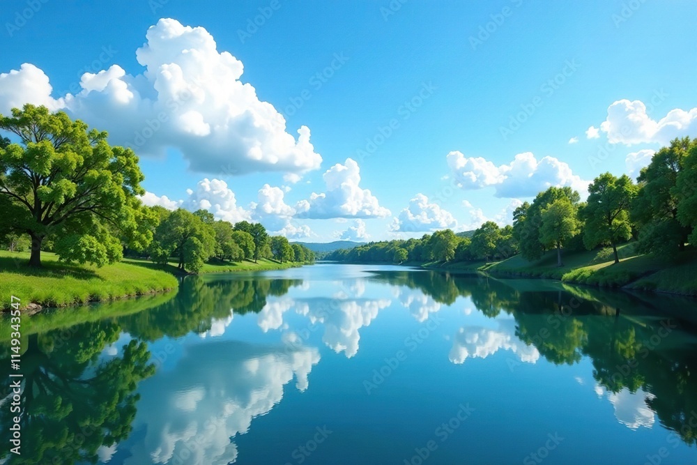 Obraz premium The river's calm surface reflects the blue sky above, cloudless sky, river reflection