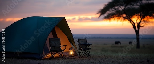 Illuminated camping tent at sunset with chairs and lantern in savanna landscape.