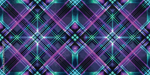 A vibrant abstract pattern featuring intersecting lines in shades of purple, teal, and blue, creating a dynamic visual effect.