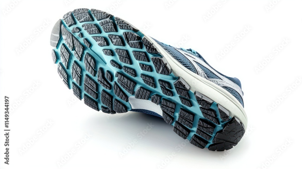 Single running shoe with detailed tread on a white background. Single running shoe with detailed tread on a white background.