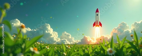 A rocket's nose cone pointing towards the sky as it takes off from a field of green flowers, green, rocket