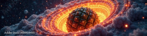 A swirling pineapple ball is sucked into a black hole's event horizon, event horizon, vacuum, gravitational pull