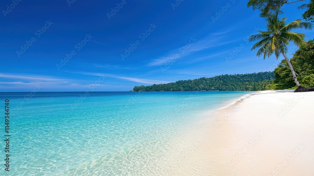 A beautiful beach with a clear blue ocean and palm trees A beautiful beach with a clear blue ocean and palm trees