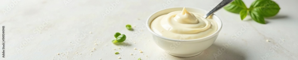 Creamy white mayonnaise sauce in a glass saucer on a light background, with a simple utensil and garnish, condiment, condiments, jarred Creamy white mayonnaise sauce in a glass saucer on a light background, with a simple utensil and garnish, condiment, condiments, jarred