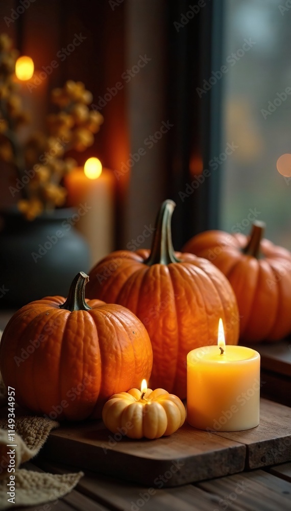 Cozy autumn atmosphere with lit pumpkins and candles, pumpkins, soft, autumn Cozy autumn atmosphere with lit pumpkins and candles, pumpkins, soft, autumn