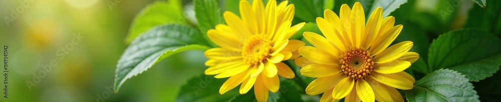Fototapeta premium Delicate arrangement of yellow chrysanthemum with lush green leaves, leafy greens, plants, bouquet