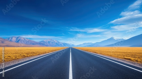 A long, empty road with a blue sky in the background