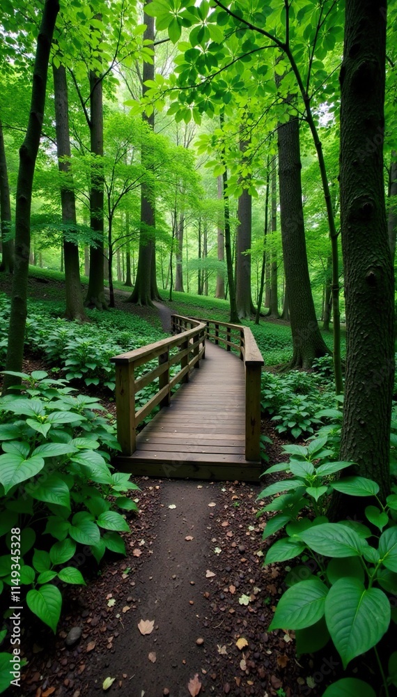 Dense foliage surrounds a wooden bridge over a winding path, , forest floor Dense foliage surrounds a wooden bridge over a winding path, , forest floor