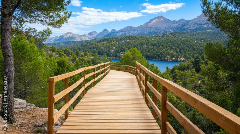 A wooden bridge over a river with a beautiful mountain range in the background