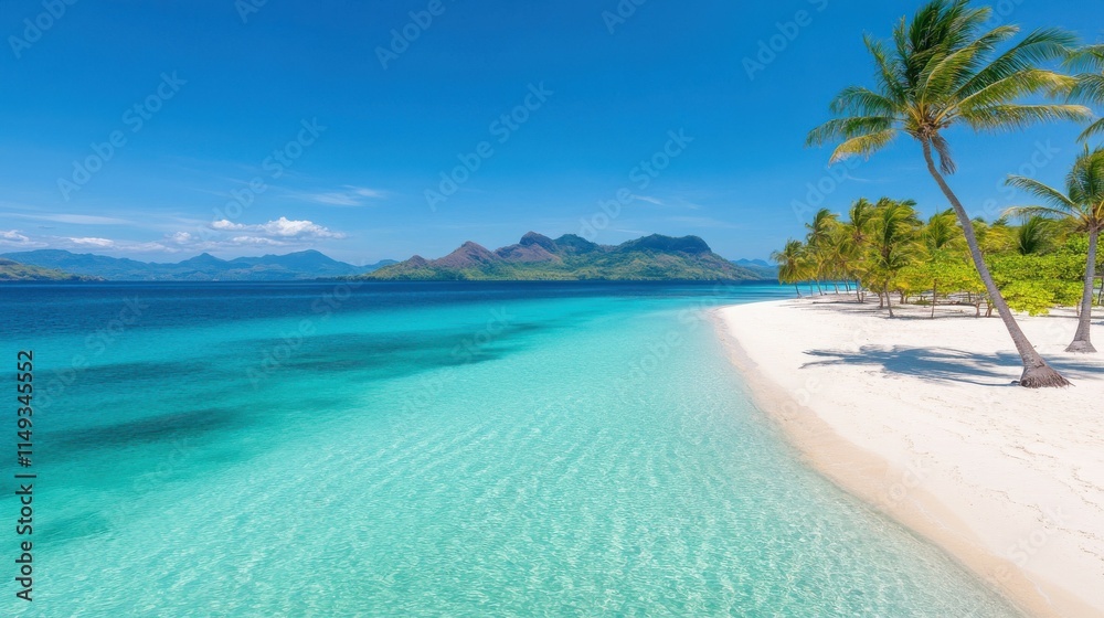 A beautiful beach with a palm tree in the foreground A beautiful beach with a palm tree in the foreground