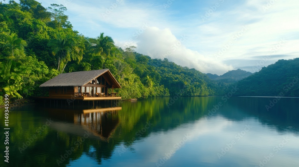 Obraz premium A small wooden house sits on a dock in front of a lake