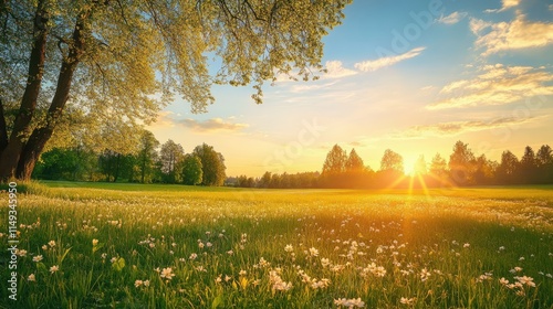 Fototapeta Naklejka Na Ścianę i Meble -  spring meadow landscape with trees at sunrise